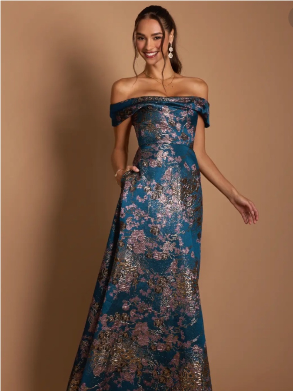 Azazie Atelier Teal Floral Maxi Dress